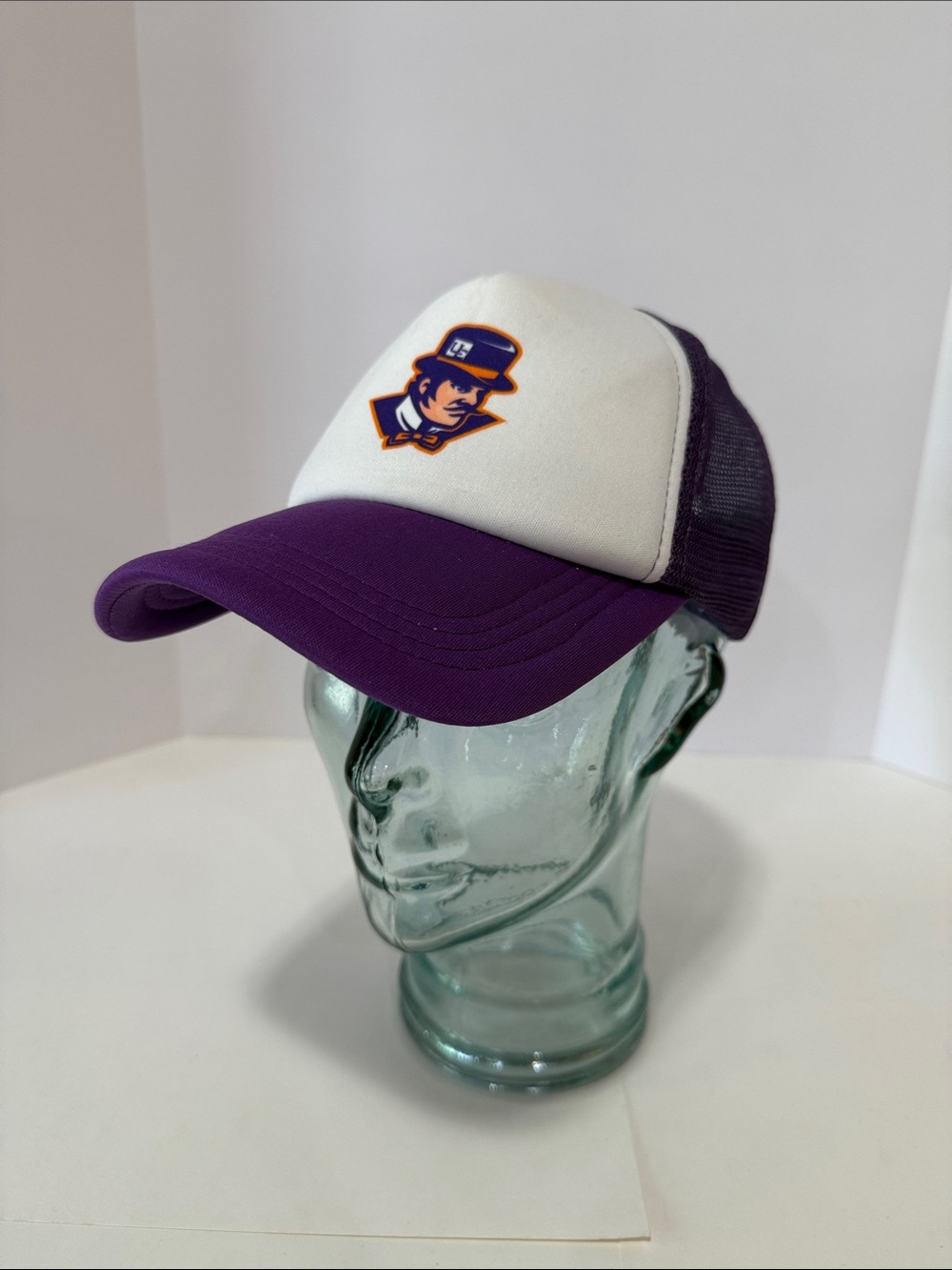 White and Purple Trucker Hat with Character Logo